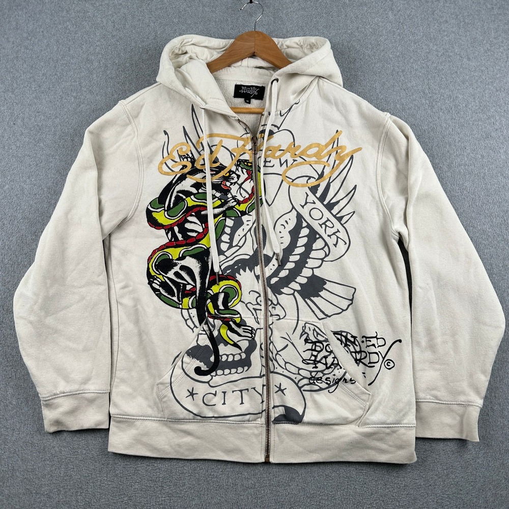 Ed Hardy Hoodie Mens Medium EHMR1301-15 Cream Graphic Full Zip Sweatshirt
